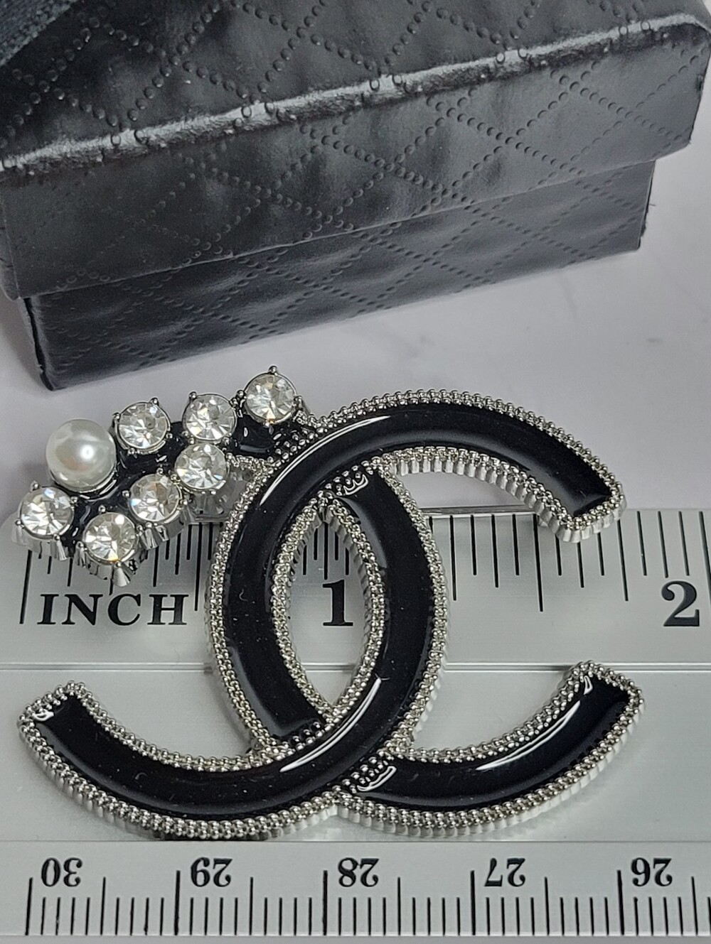 Silver, Black Enamel Rhinestone CC Brooch - Picture 2 of 4